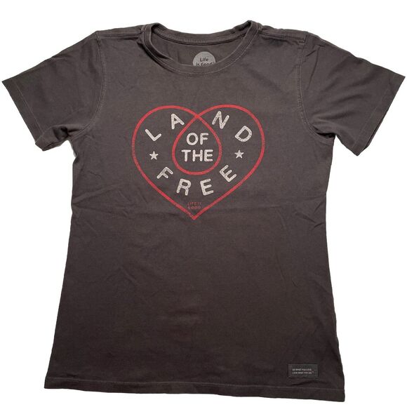 Life Is Good Graphic Tee Land of the Free SS Womens Gray Washed Black Tshirt XS - Picture 2 of 9